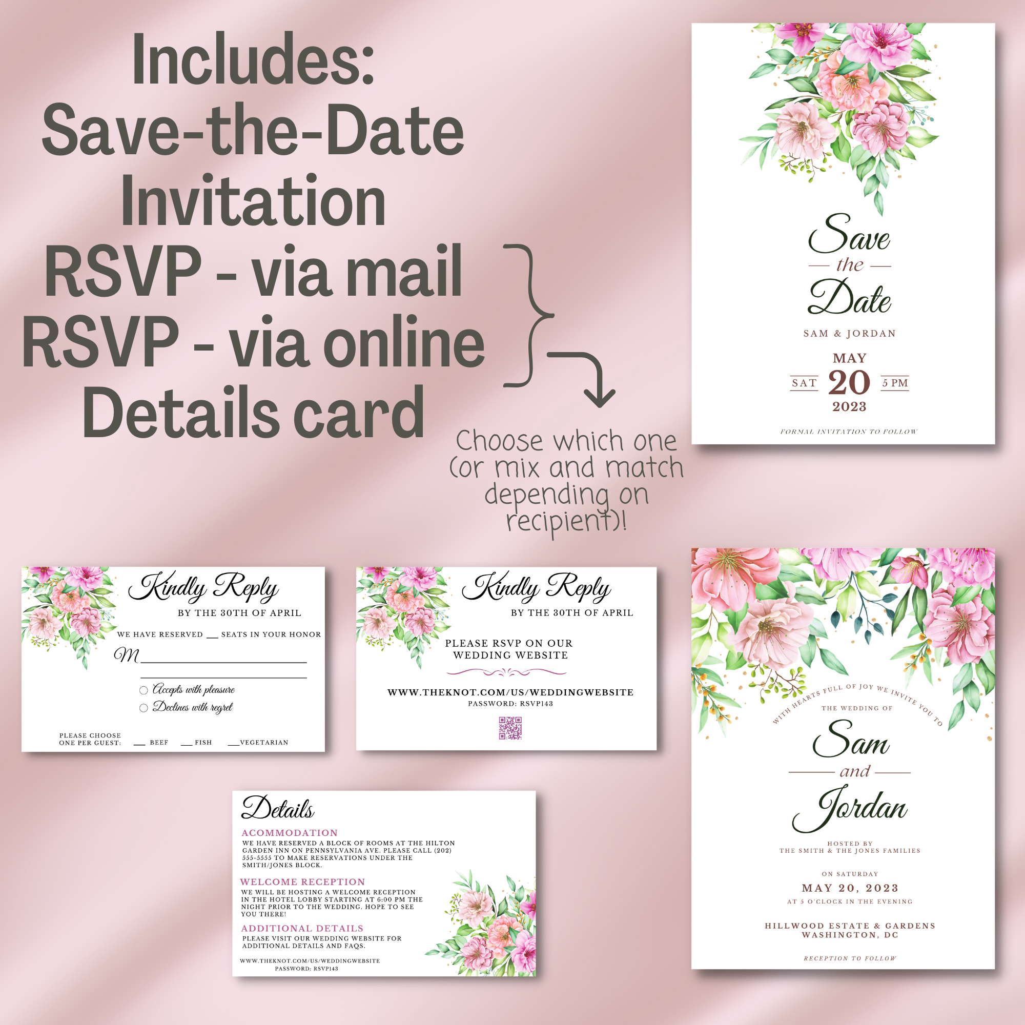 pink Floral Wedding invitation suite