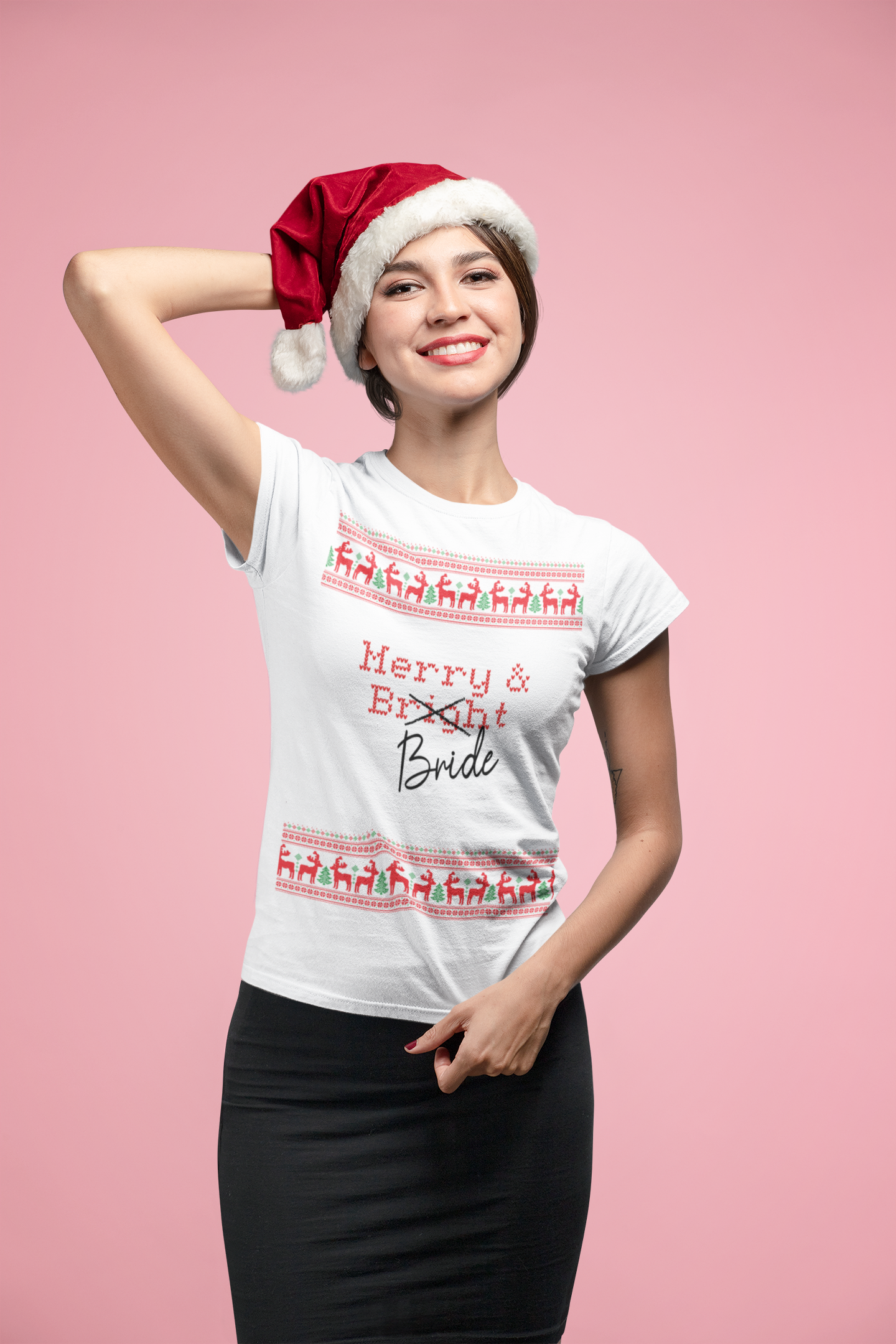 christmas t-shirt mockup of merry and bride white