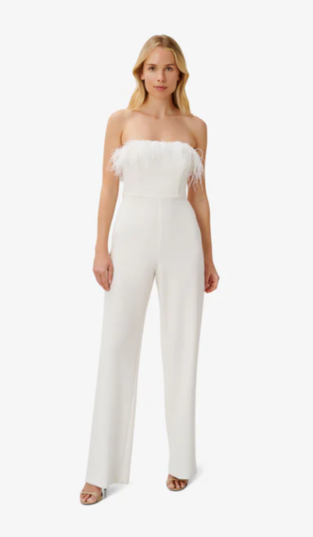 feather trim crepe strapless jumpsuit adrianna papell