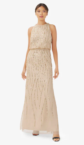 hand-beaded halter blouson long gown in champagne gold