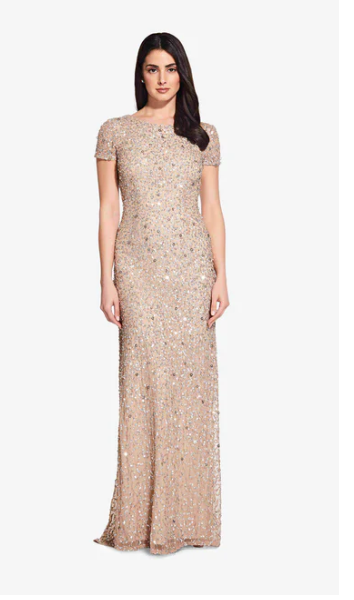 scoop back sequin gown champagne