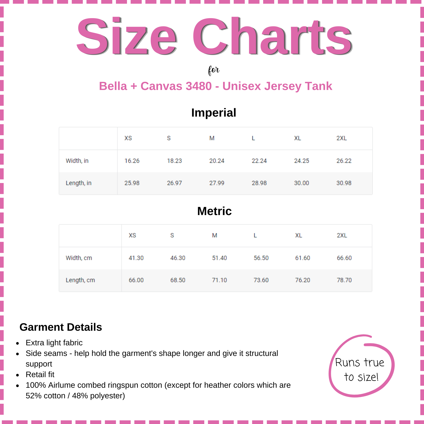 Bella + Canvas 3480 tank top size chart