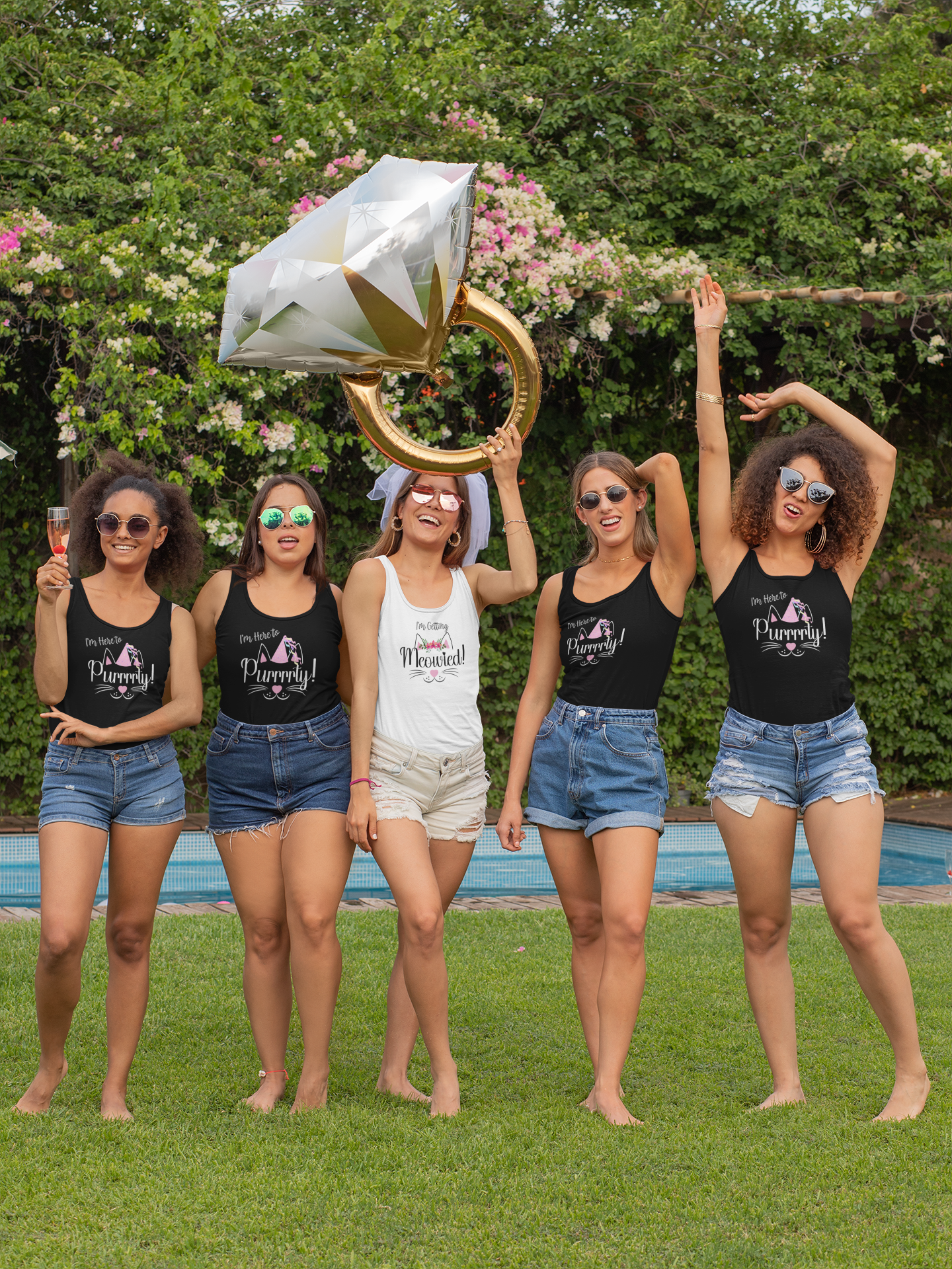 bride and bridemaid at bachelorette party wearing funny and cute cat shirts