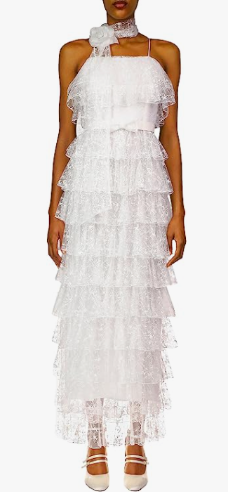 White Floral Tulle Tiered Ruffle Dress with Bow Belt